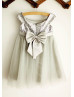 Silver Sequin Ruching Tulle Sash Flower Girl Dress